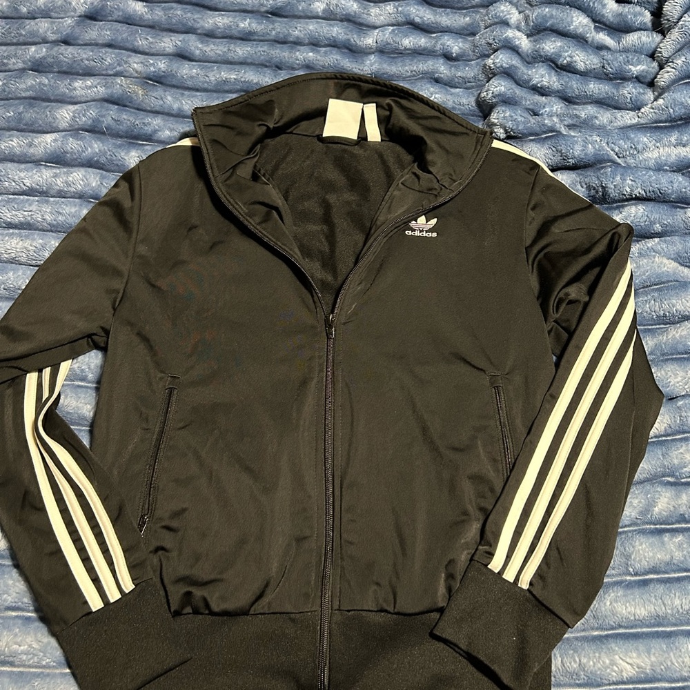 Adidas Adult Black Joggers with White Stripes. Pants, jacket and t-shirt.